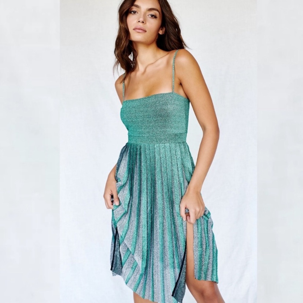 Free People x Misha Collection Janelle Shimmer, metallic, pleated dress￼

￼